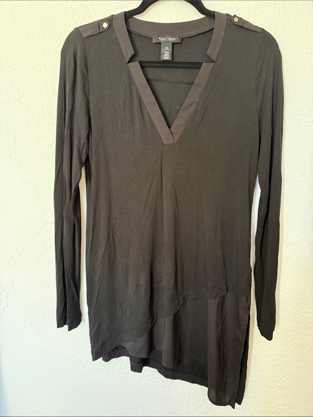 White House Black Market Black Long-Sleeve V-Neck Tunic with Shoulder Tabs